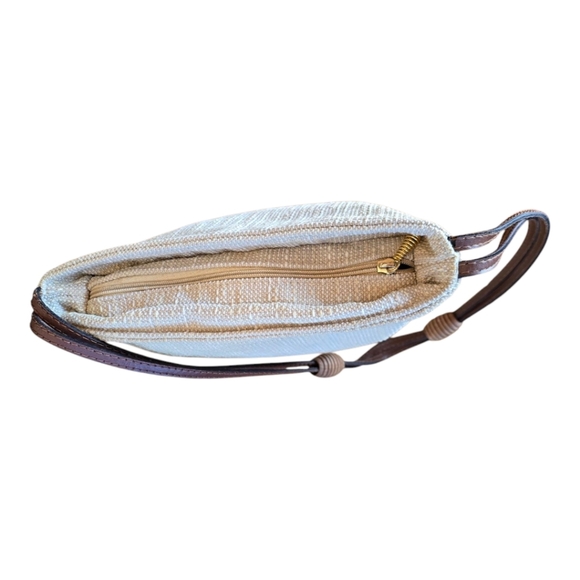 Italian Light Beige Woven Fabric Shoulder Bag With Brown Leather Strap - Picture 5 of 8